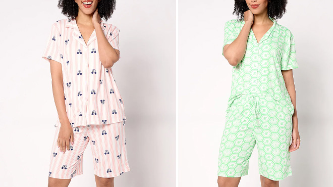 A Woman Wearing Disney and Friends Notch Collar Pajama Set