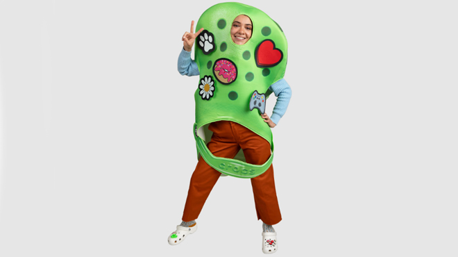 A lady wearing a Crocs Classic Costume Right