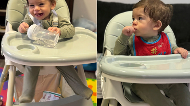 A toddler sitting on the Harppa 4 in 1 Convertible High Chair