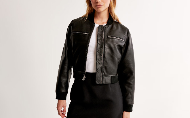 Abercrombie Fitch Cropped Vegan Leather Bomber Jacket