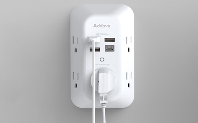 Addtam USB Wall Charger Surge Protector 5 Outlet Extender on the Wall