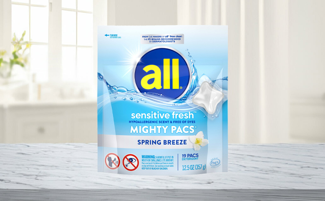 All Sensitive Fresh Laundry Detergent Mighty 9 Count Pacs Bag on a Table