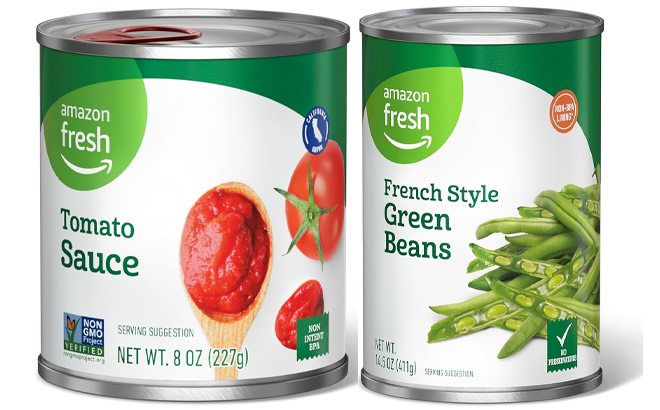 Amazon Fresh Tomato Sauce and Amazon Fresh Brand Canned French Style Green Beans