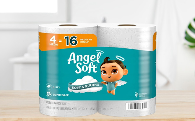 Angel Soft Toilet Paper 4 Count Mega Rolls on a Table