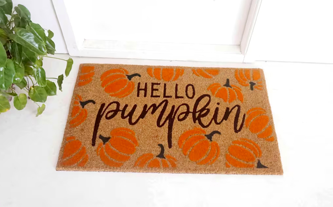 Ashland Hello Pumpkin Doormat on a Porch