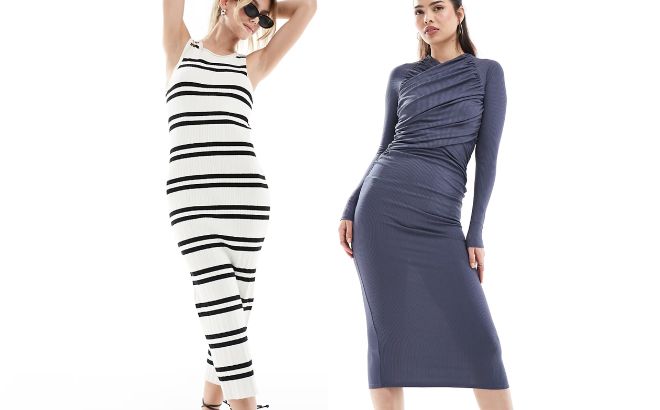 Asos Design Knit Tank Midaxi Dress and Ribbed Wrap Bodice Maxi Dress