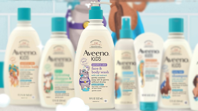 Aveeno Kids Face Body Wash Beside Various Aveeno Products on a Table