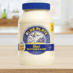 Blue Plate 30 Ounce Real Mayonnaise Jar on a Table