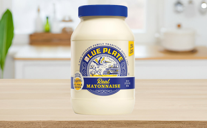 Blue Plate 30 Ounce Real Mayonnaise Jar on a Table