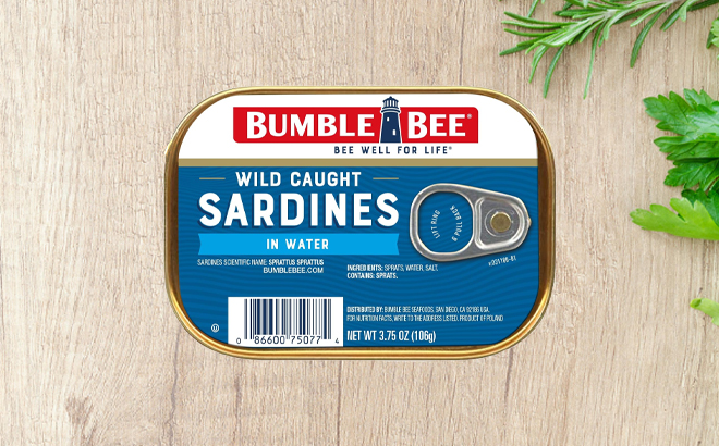 Bumble Bee Sardines in Water 3 75 Ounce Tin on a Table