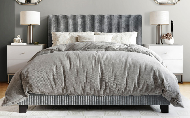 Castle Place Chic Corduroy Velvet Upholstered Queen Bed in Gray Color