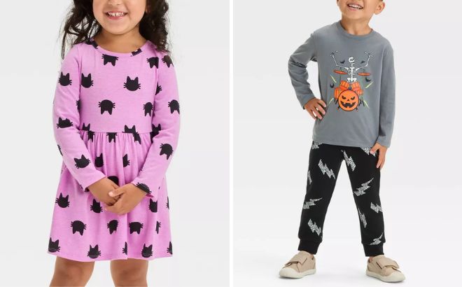 Cat Jack Toddler Girls Long Sleeve Halloween Printed Dress and Boys T Shirt and Jogger Pants Set