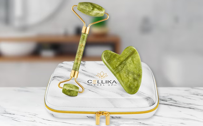 Cellika Xiuyan Jade Roller and Gua Sha Set with Shockproof Travel Case