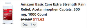 Checkout page of Amazon Extra Strength Acetaminophen 1000 Count 500 mg Caplets