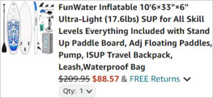 Checkout page of FunWater Inflatable Stand Up Paddle Board