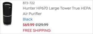 Checkout page of Hunter HP670 Large Tower True HEPA Air Purifier