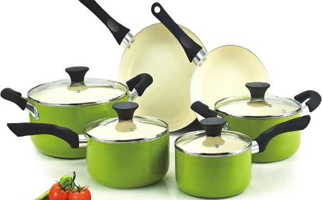 Cook N Home 10 Piece Ceramic Kitchen Cookware Set in Green