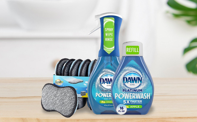 Dawn Powerwash Spray Spray Refill and Sponges on a Table