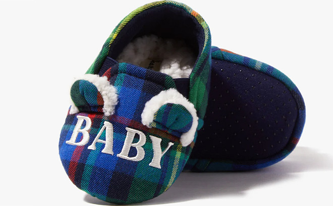 Dearfoams Kids Baby Bear Plaid Closed Back Slippers