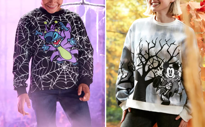 Disney Stitch Glow in the Dark Halloween Kids Long Sleeve T Shirt and Mickey Mouse Halloween Womens Pullover Sweatshirt