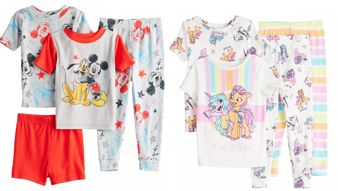 Disneys Mickey Mouse Pluto Toddler Boy 4 Piece Allover Print Pajama Set and Toddler Girl My Little Pony 4 Piece Pajama Tops Pajama Pants Set