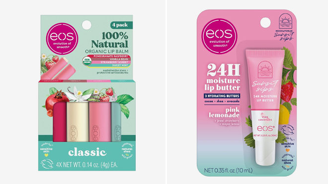 Eos 100 Natural Organic Lip Balm Sticks and Sunset Sips Lip Butter Tube