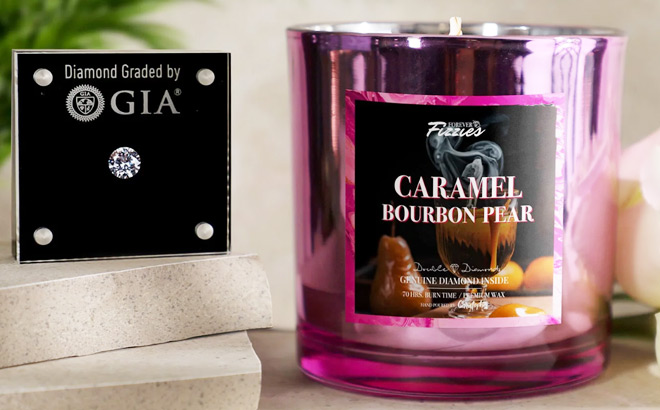 Forever Fizzies Caramel Bourbon Pear Candle Next to A Diamond in a Box 1