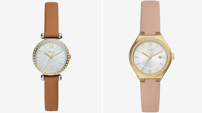 Fossil Womens Tillie Mini Three Hand Gold Tone Stainless Steel Watch and Fossil Womens Eevie Three Hand Date Gold Tone Stainless Steel Watch