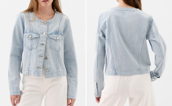 GAP Factory Collarless Denim Jacket on a Grey Background