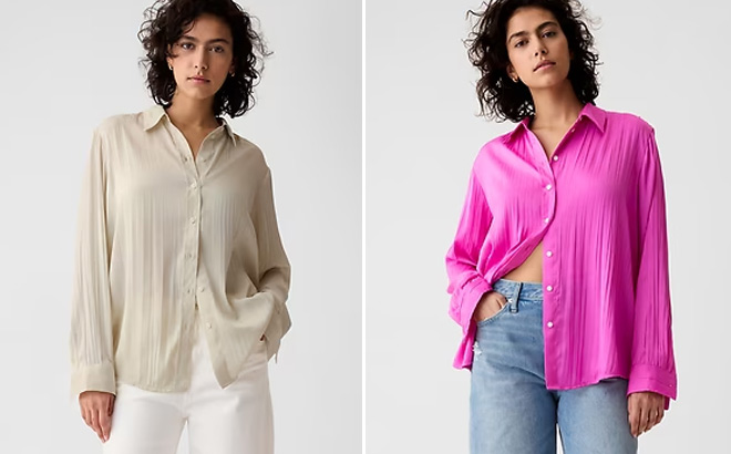 GAP Womens Pleated Satin Boyfriend Shirt