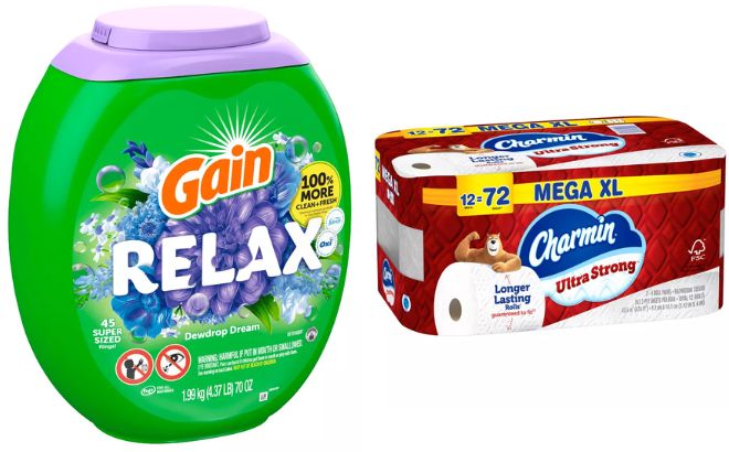 Gain Flings Laundry Detergent Soap Pacs and Charmin Ultra Strong Toilet Paper