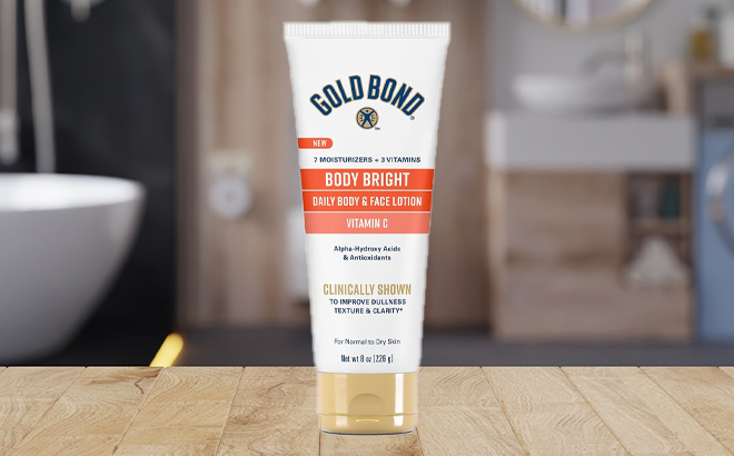 Gold Bond Body Bright Body Face Lotion on the Bathroom Counter