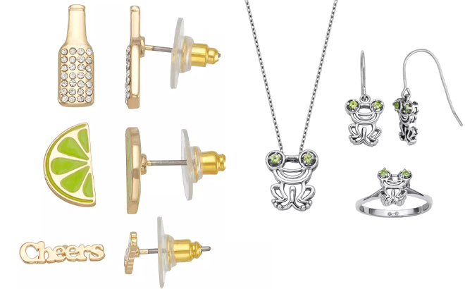 Gold Tone Cheers Lime Bottle Earring Set and Frog 3 Piece Jewelry Set