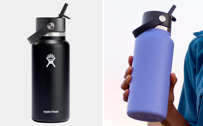 HYDRO FLASK Wide Mouth vacuum insulated stainless steel water bottle with leakproof closeable straw lid for cold water drinks