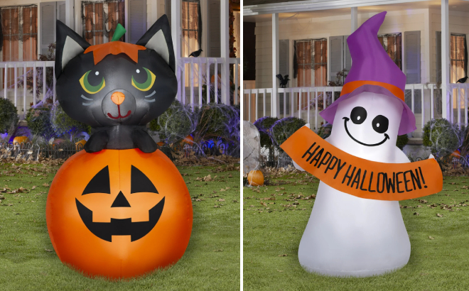 Halloween Black Cat in Jack o Lantern and Ghost Holding a Banner Yard Inflatables