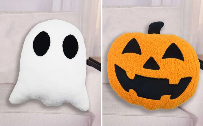 Halloween Black White Ghost and Black Orange Pumpkin Decorative Pillow