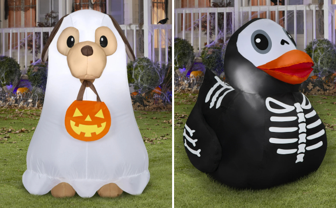 Halloween Ghost Dog and Skeleton Ducky Airblown Yard Inflatables