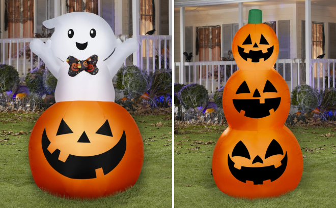 Halloween Ghost in a Jack o Lantern and Reversible Jack o Lantern Stack Yard InflatableHalloween Ghost in a Jack o Lantern Yard Inflatables