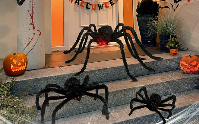 Halloween Plush Spiders 6 Piece Set on the Fornt Porch