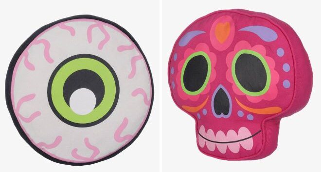 Halloween Round Eyeball and Pink Sugar Skull Decorative Pillow