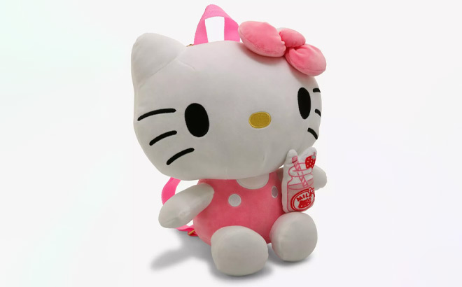 Hello Kitty Strawberry Milk Plush Mini Backpack on a Light Gray Background