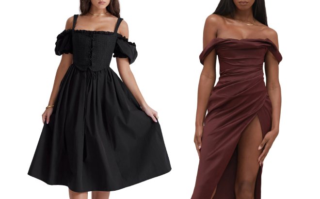 House of CB Silvana Corset Fit Flare Dress and Rhoda Off the Shoulder Corset Dress