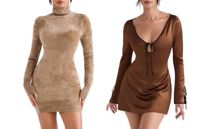 House of CB Taya Long Sleeve Chenille Minidress and Sakina Long Sleeve Satin Minidress