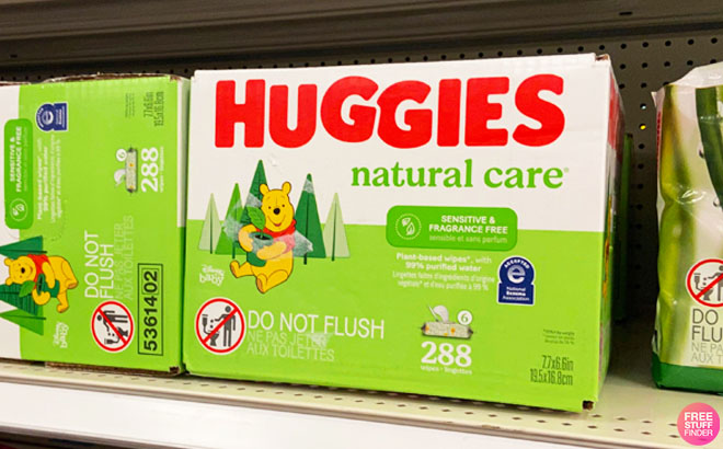 Huggies 288 Count Natural Care Baby Wipes on a Shelf