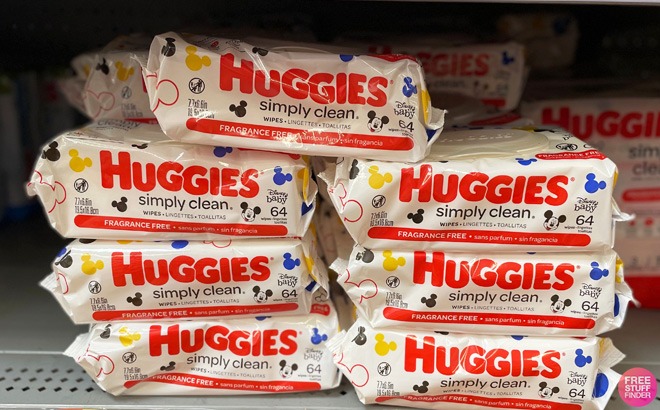 Huggies 64 Count Simply Clean Baby Wipes on a Shelf