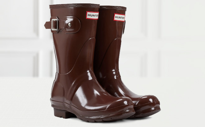 Hunter Womens Original Short Gloss Rain Boots on the Table