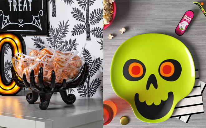 Hyde EEK Skeleton Hand Acrylic Halloween Serving Bowl and Melamine Figural Appetizer Plate