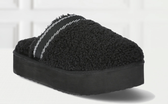 Joyspun Womens Teddy Fleece Platform Clog Slippers in Black Color