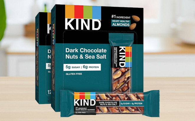 KIND Dark Chocolate Nuts and Sea Salt Bars Boxes on a Table