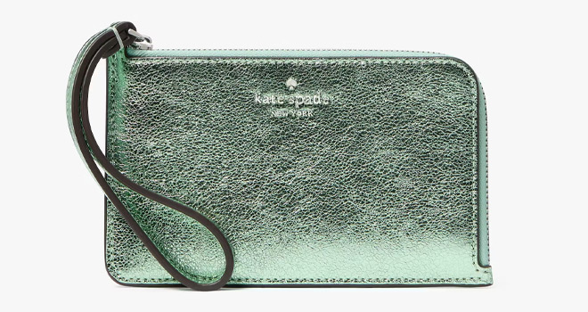 Kate Spade Lucy Metallic Small L zip Wristlet in Seawater Color